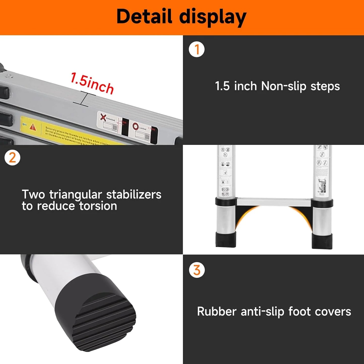 15.5 FT Telescoping Aluminum Extension Ladder with 2 Triangle Stabilizers, Heavy Duty 330Lbs Max Capacity, Multi-Purpose Collapsible Ladder for RV or Outdoor Work
