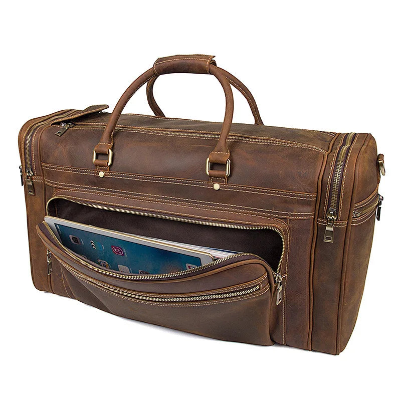 Men'S Crazy Horse Leather Travel Bag Cow Leather Big Travel Duffel Durable Cowhide Weekend Bag Man Genuine Leather Luggage Bag
