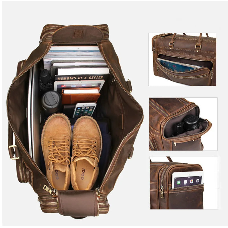 Men'S Crazy Horse Leather Travel Bag Cow Leather Big Travel Duffel Durable Cowhide Weekend Bag Man Genuine Leather Luggage Bag