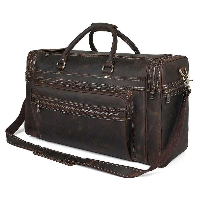 Men'S Crazy Horse Leather Travel Bag Cow Leather Big Travel Duffel Durable Cowhide Weekend Bag Man Genuine Leather Luggage Bag