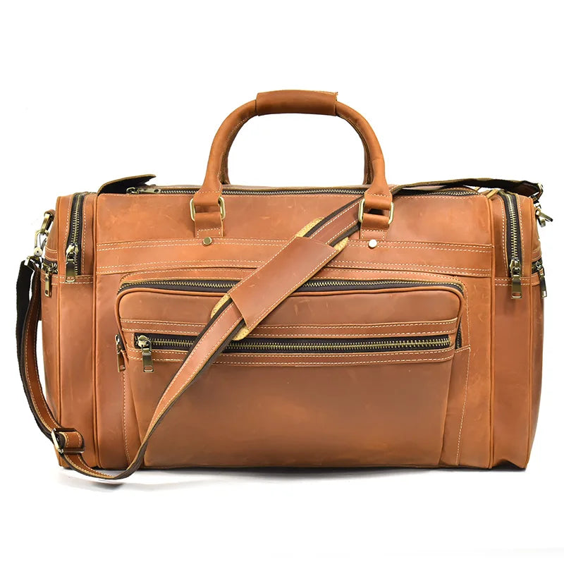 Men'S Crazy Horse Leather Travel Bag Cow Leather Big Travel Duffel Durable Cowhide Weekend Bag Man Genuine Leather Luggage Bag