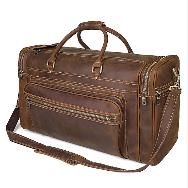 Men'S Crazy Horse Leather Travel Bag Cow Leather Big Travel Duffel Durable Cowhide Weekend Bag Man Genuine Leather Luggage Bag
