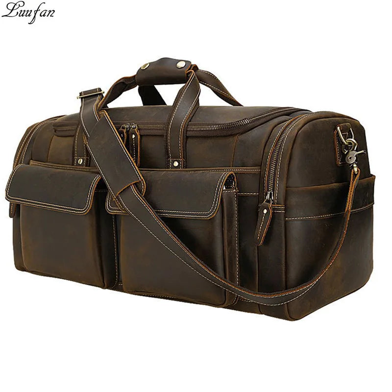 Men'S Crazy Horse Leather Travel Bag Cow Leather Big Travel Duffel Durable Cowhide Weekend Bag Man Genuine Leather Luggage Bag