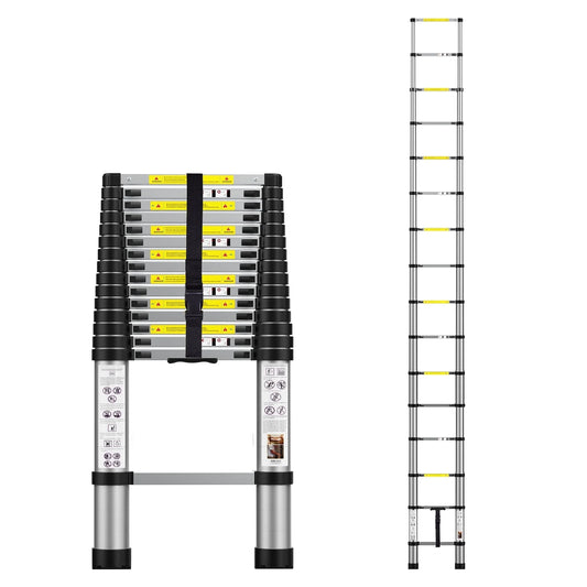 15.5 FT Telescoping Aluminum Extension Ladder with 2 Triangle Stabilizers, Heavy Duty 330Lbs Max Capacity, Multi-Purpose Collapsible Ladder for RV or Outdoor Work