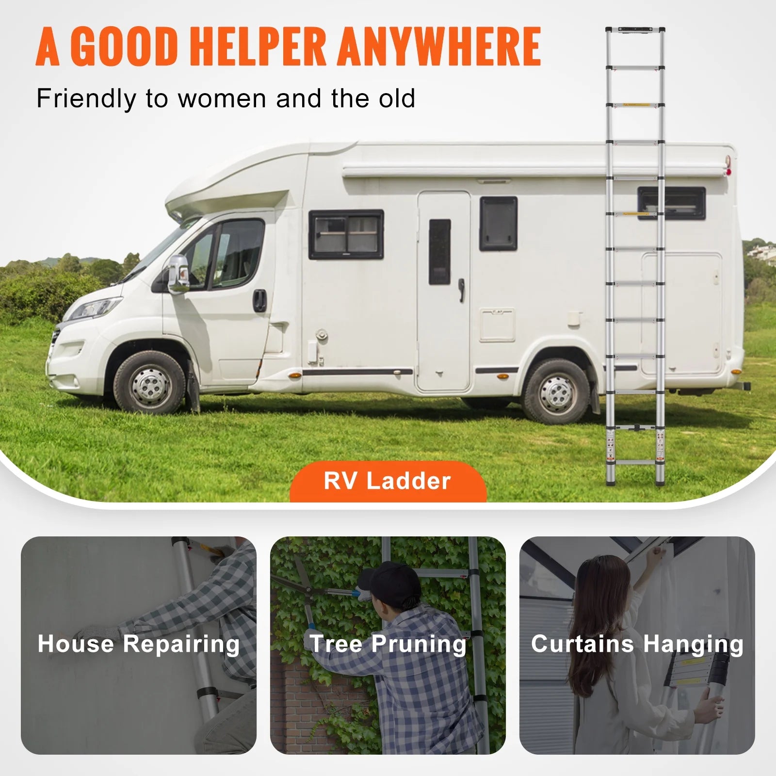 12.5FT Telescoping Ladder 375Lbs Load Capacity Aluminum Telescopic Extension Ladder, Multi-Purpose Collapsible Ladder for Rv，Home or Outdoor Work