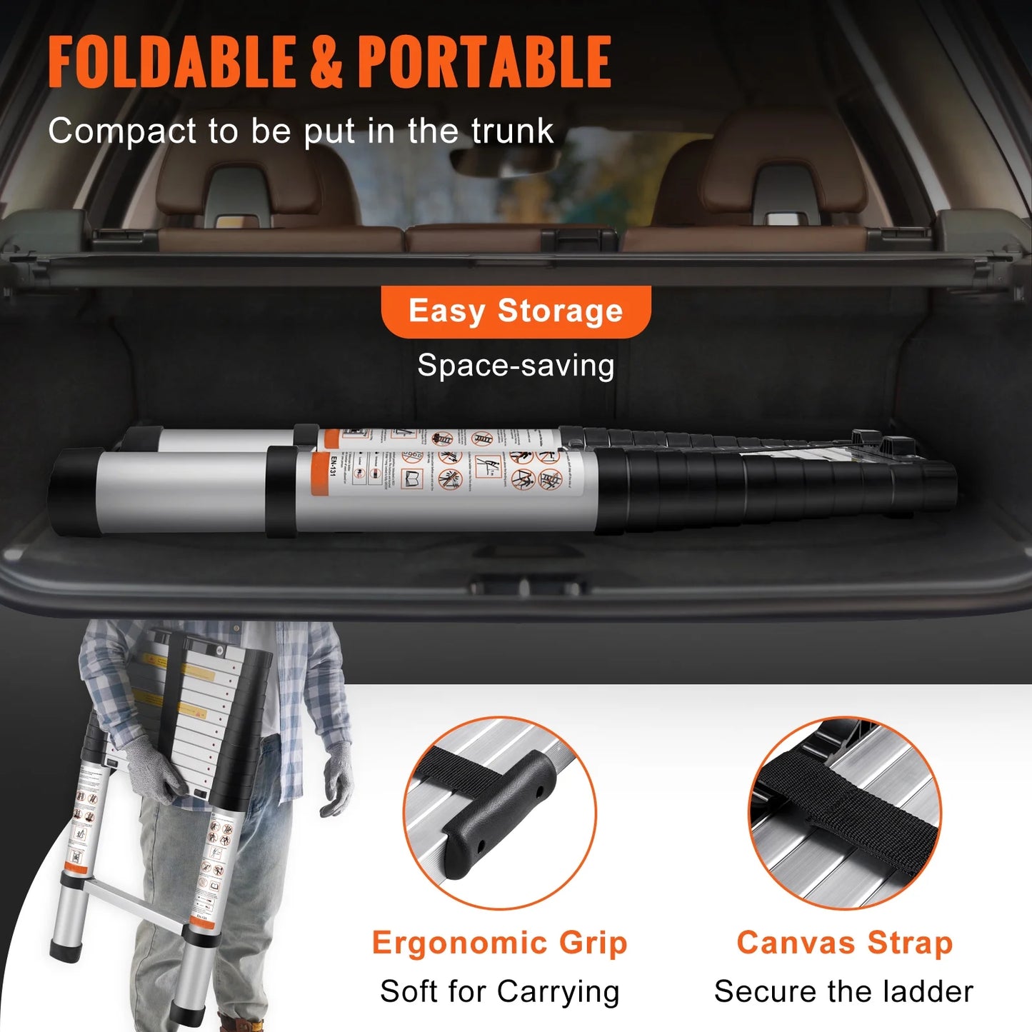 12.5FT Telescoping Ladder 375Lbs Load Capacity Aluminum Telescopic Extension Ladder, Multi-Purpose Collapsible Ladder for Rv，Home or Outdoor Work