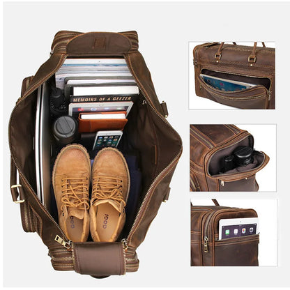 Men'S Crazy Horse Leather Travel Bag Cow Leather Big Travel Duffel Durable Cowhide Weekend Bag Man Genuine Leather Luggage Bag