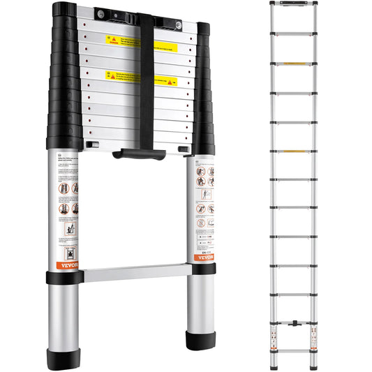 12.5FT Telescoping Ladder 375Lbs Load Capacity Aluminum Telescopic Extension Ladder, Multi-Purpose Collapsible Ladder for Rv，Home or Outdoor Work