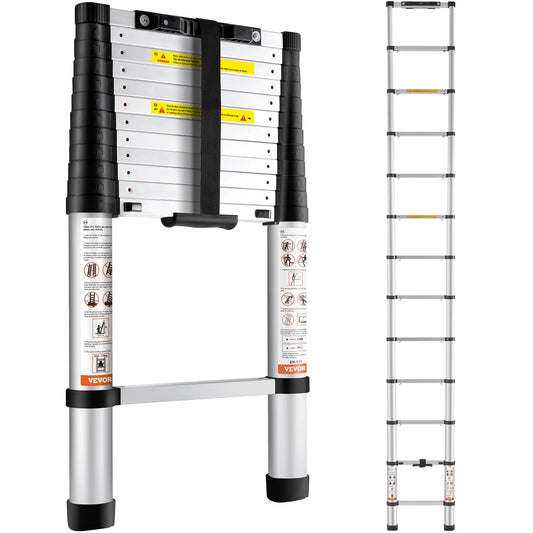 12.5FT Telescoping Ladder 375Lbs Load Capacity Aluminum Telescopic Extension Ladder, Multi-Purpose Collapsible Ladder for Rv，Home or Outdoor Work