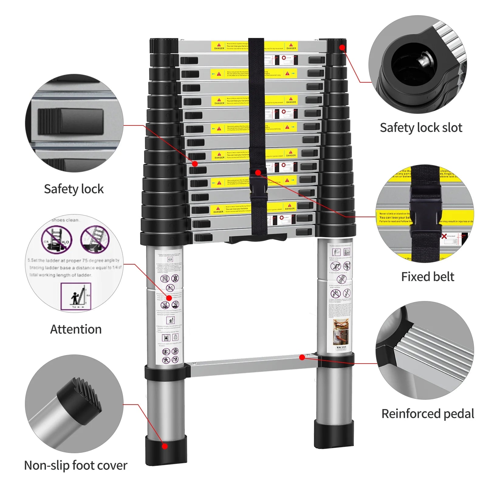 15.5 FT Telescoping Aluminum Extension Ladder with 2 Triangle Stabilizers, Heavy Duty 330Lbs Max Capacity, Multi-Purpose Collapsible Ladder for RV or Outdoor Work