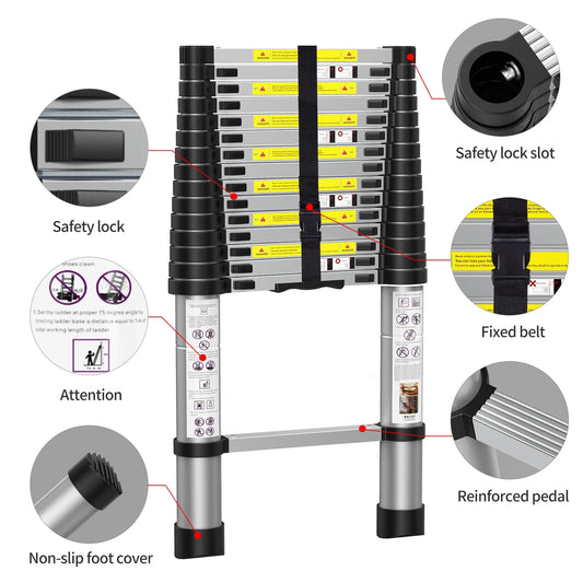 15.5 FT Telescoping Aluminum Extension Ladder with 2 Triangle Stabilizers, Heavy Duty 330Lbs Max Capacity, Multi-Purpose Collapsible Ladder for RV or Outdoor Work