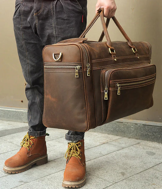 Men'S Crazy Horse Leather Travel Bag Cow Leather Big Travel Duffel Durable Cowhide Weekend Bag Man Genuine Leather Luggage Bag