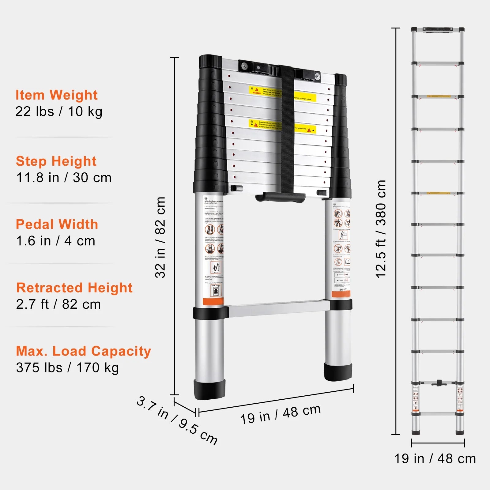 12.5FT Telescoping Ladder 375Lbs Load Capacity Aluminum Telescopic Extension Ladder, Multi-Purpose Collapsible Ladder for Rv，Home or Outdoor Work