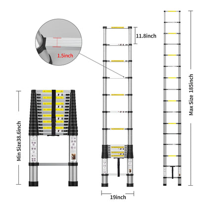 15.5 FT Telescoping Aluminum Extension Ladder with 2 Triangle Stabilizers, Heavy Duty 330Lbs Max Capacity, Multi-Purpose Collapsible Ladder for RV or Outdoor Work